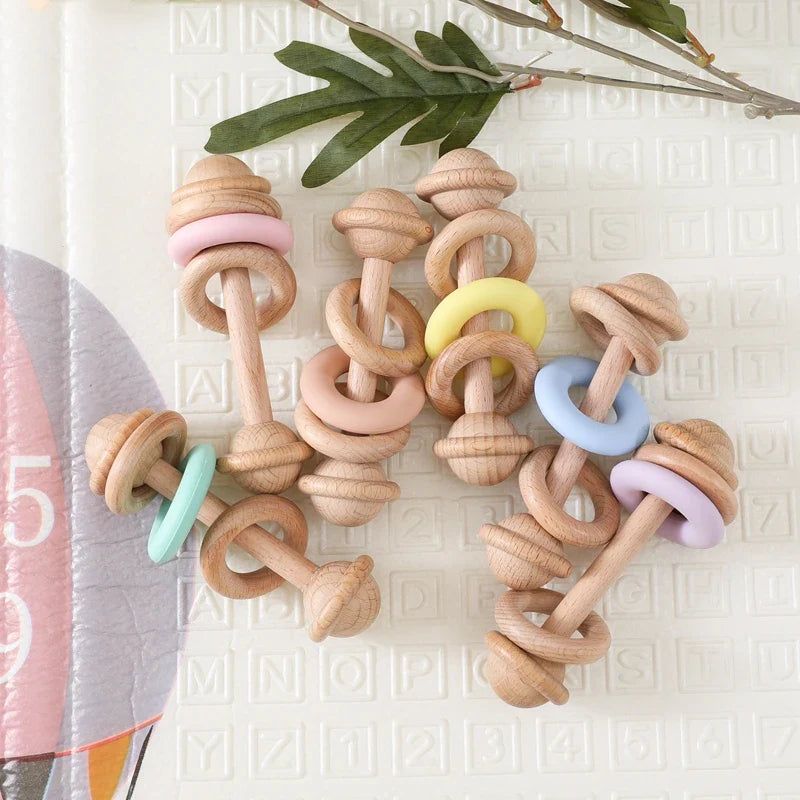 Baby Toys Wooden Rattles with Silicone Ring