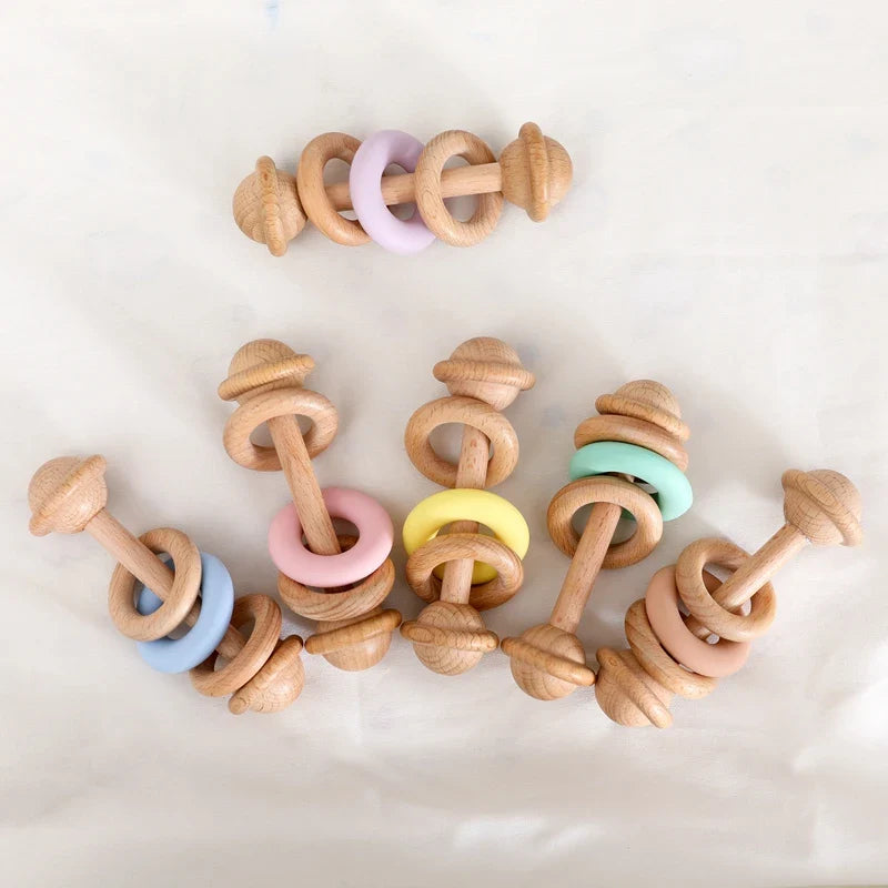 Baby Toys Wooden Rattles with Silicone Ring