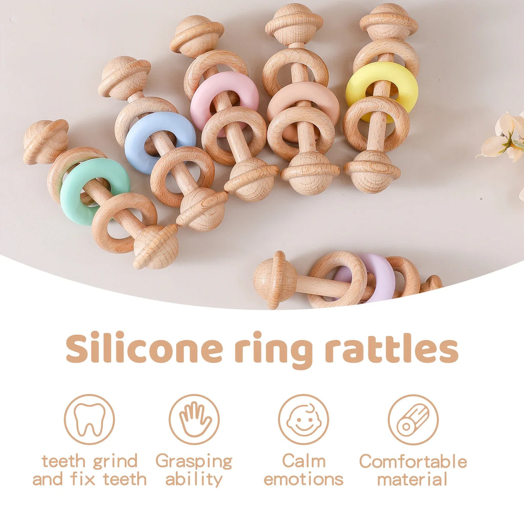Baby Toys Wooden Rattles with Silicone Ring