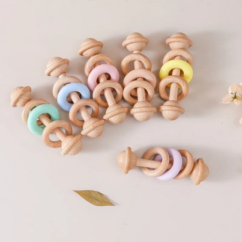 Baby Toys Wooden Rattles with Silicone Ring