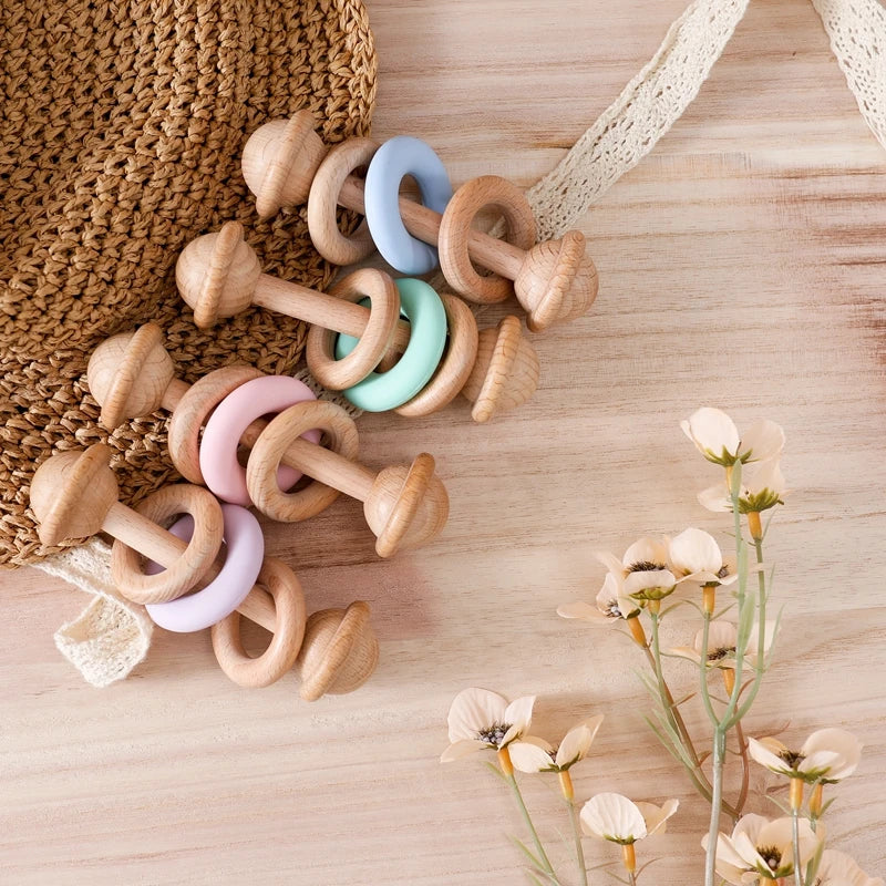 Baby Toys Wooden Rattles with Silicone Ring